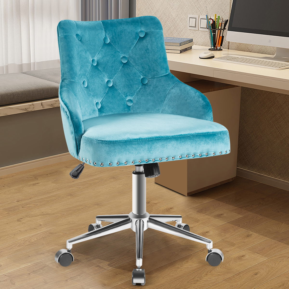 Topbuy Velvet Desk Chair Upholstered 360°Swivel Height Adjustable